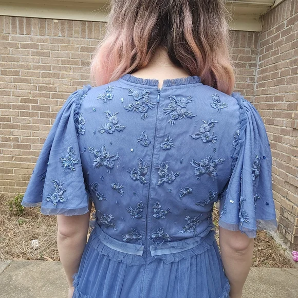 Ivy City Co Blue Anastasia Tiered Beaded Embellished Tulle Maxi Dress Formal - Picture 13 of 13